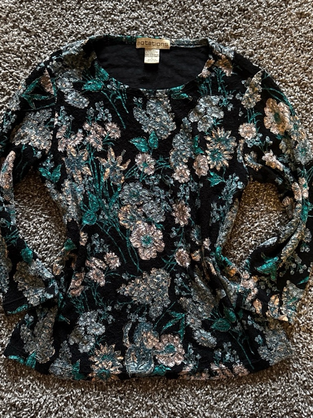 Notations Black Long Sleeve Metallic Floral Jacquard Tee with Teal Accents